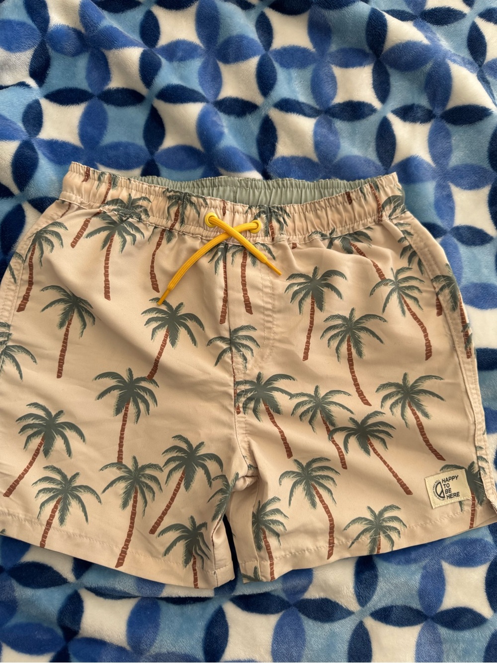 Kids Cotton On Beige Palm-Print Swim Shorts with Yellow Drawstring